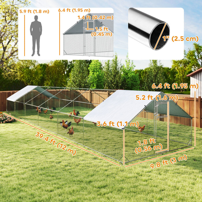 Poulailler Metallique PawHut, Grand Enclos pour Poules, Canards, Lapins avec Protection UV et Impermeable, 12 m x 3 m x 1,95 m pour Jardin ou Exterieur