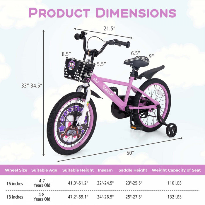 Costway 18\" Velo Pour Enfants Pour 4-8 Avec Guidon Reglable En Hauteur Et Frein A Main En Selle Violet