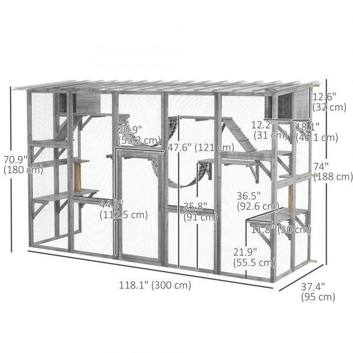 Pawhut Catio Grande Enceinte Exterieure Pour Chats Avec Condos Pour Chats, Plates-formes, Echelles, Portes, Toit Resistant Aux Intemperies, Cage Pour Chats En Bois Pour 1-4 Chats, Gris
