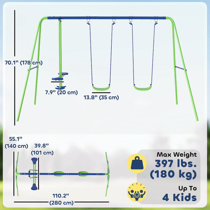 Outsunny Ensemble de balancoires pour enfants avec planeur, 2 sieges de balancoire, cadre en A en metal robuste avec corde reglable pour les enfants de 3 ans et plus, vert