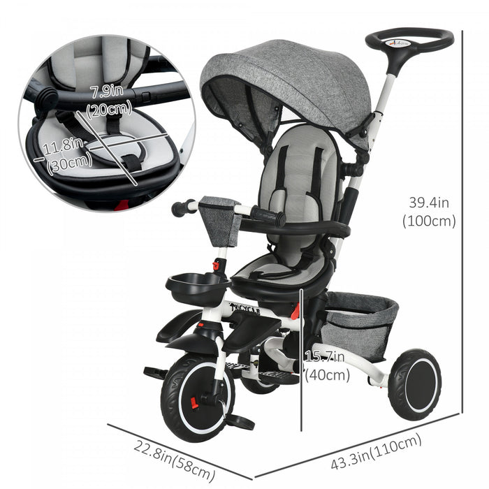 Aosom Tricycle Pour Enfant 7-en-1, Avec Siege Rotatif, Poignee De Poussee Reglable, Harnais De Securite, Auvent Detachable, Repose-pieds Semi-inclinable, Barre De Securite Pour 12-50 Mois, Gris