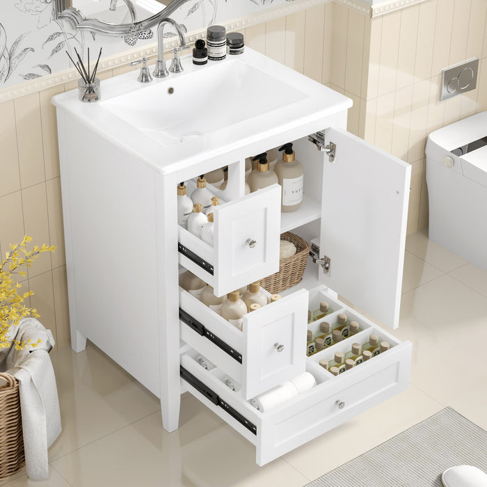 Mia Meuble-lavabo de 24\" avec vasque en ceramique et rangement a plusieurs tiroirs, Blanc