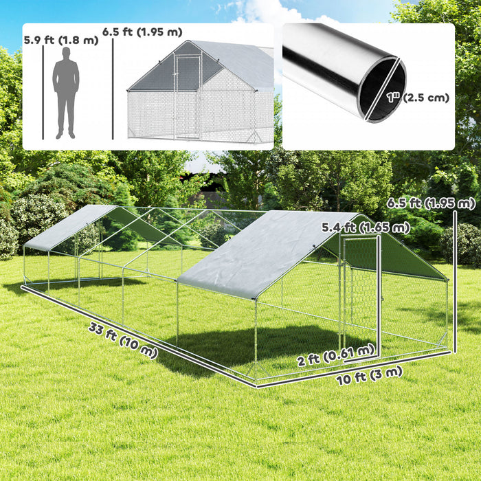 Poulailler Metallique avec Bache, Hauteur Adaptee, 10 m x 3 m x 1,95 m