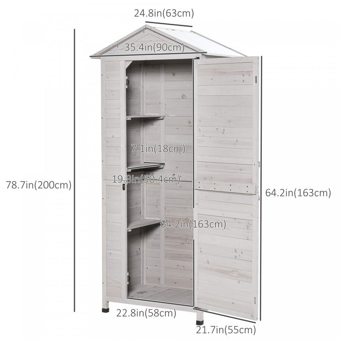 Outsunny Armoire De Rangement En Bois De 36\" X 25\" X 79\", Abri De Jardin A Outils D'exterieur Avec 4 Niveaux, 3 Etageres Avec Poignee, Toit En Etain, Loquet Magnetique, Coussinet De Pied, Gris Clair