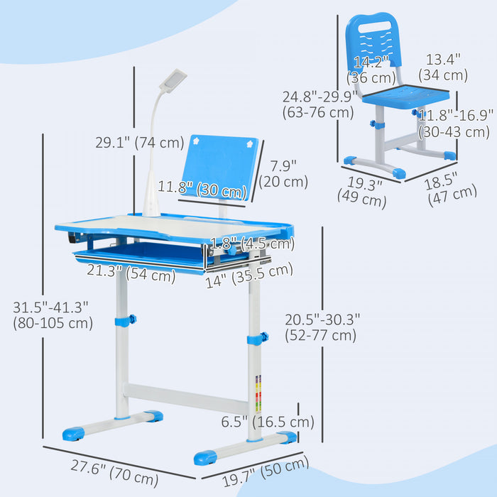 Qaba Ensemble Bureau Et Chaise Pour Enfant Bureau D'ecriture Reglable, Bleu