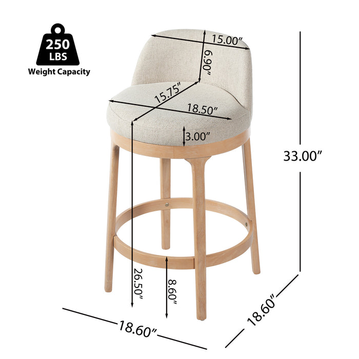 Amelia – Lot de 2 tabourets de bar de hauteur comptoir ergonomiques en bois d’hevea avec revetement en tissu, finition naturelle