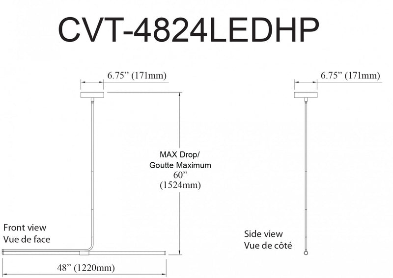 Luminaire suspendu horizontal Corvette de Dainolite en acrylique blanc qui diffuse la lumière, avec fini laiton vieilli et ampoule de 24 W