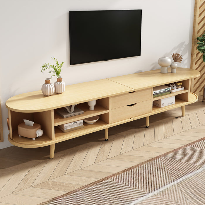 Ethan meuble TV ovale – meuble multimedia avec portes coulissantes et tiroirs, finition naturelle