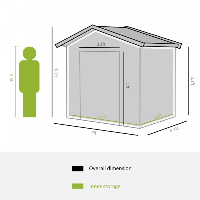 Outsunny 7' X 4' X 6' Abri De Jardin Hangar De Rangement Patio Exterieur Metal Rangement Outil Maison Avec Cadre De Fondation Au Sol En Acier Et Double Portes, Jaune