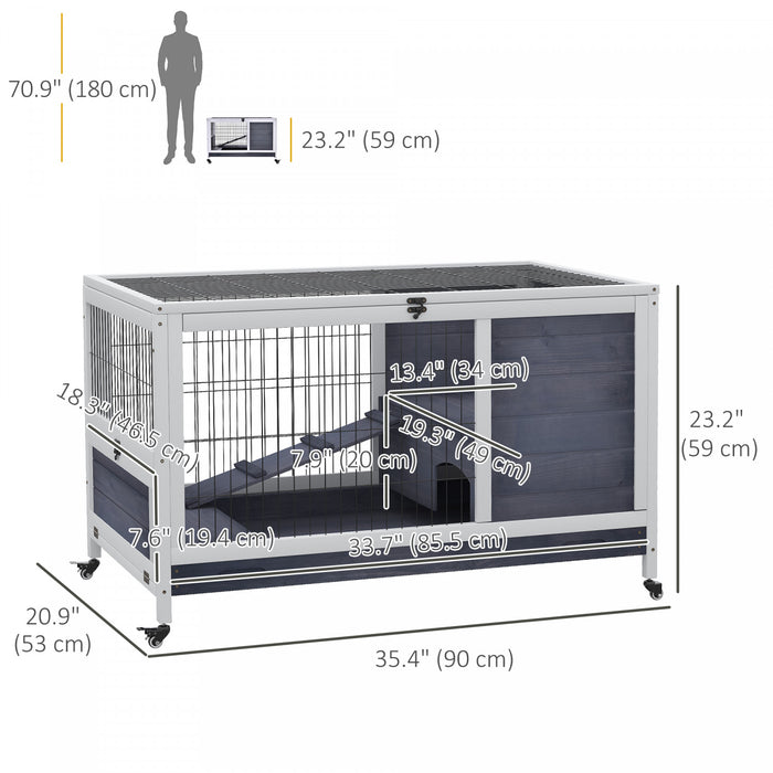 Pawhut Clapier D'interieur En Bois Pour Lapin Avec Cage Surelevee Avec Enclos Ferme Avec Roues, Ideal Pour Lapins Et Cochons D'inde, Blanc