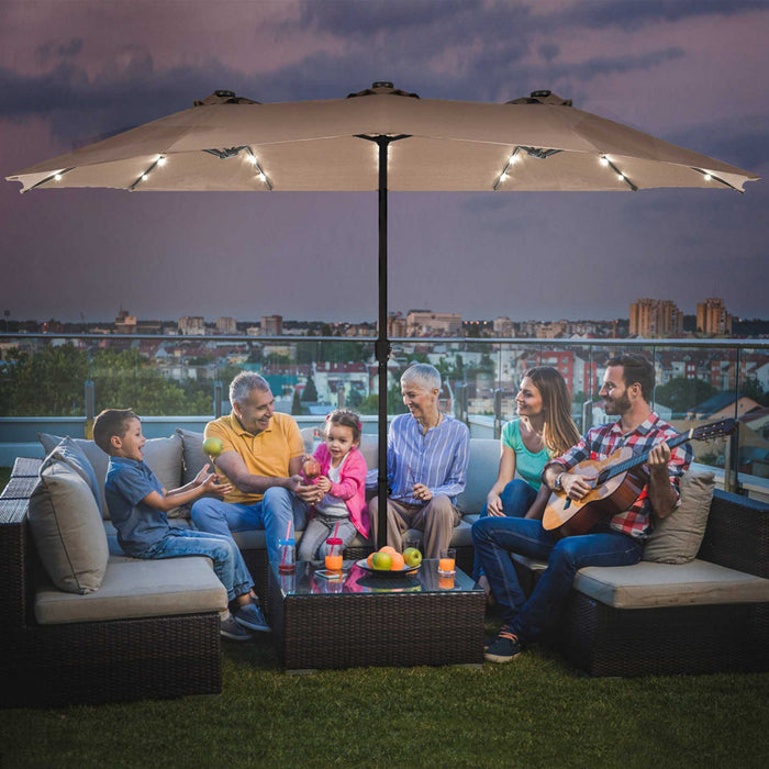 Costway Parasol de marche double-face solaire LED 15Ft Patio avec manivelle pied Taupe