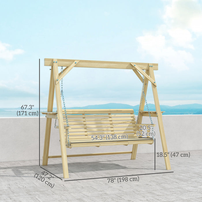 Outsunny Balancelle 3 Places avec Support et Tables Laterales, Bois Naturel