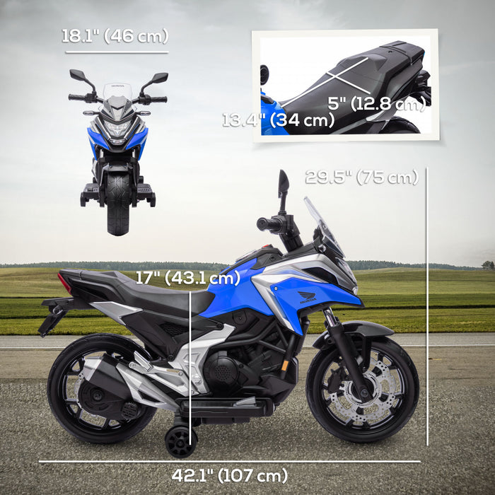 Qaba Motorcycle Electrique Honda Licensee 12v, Conduite Sur Moto A Batterie Pour Les Enfants Avec Des Phares Roues D'entrainement, Musique, Pour 3 A 6 Ans, Bleu