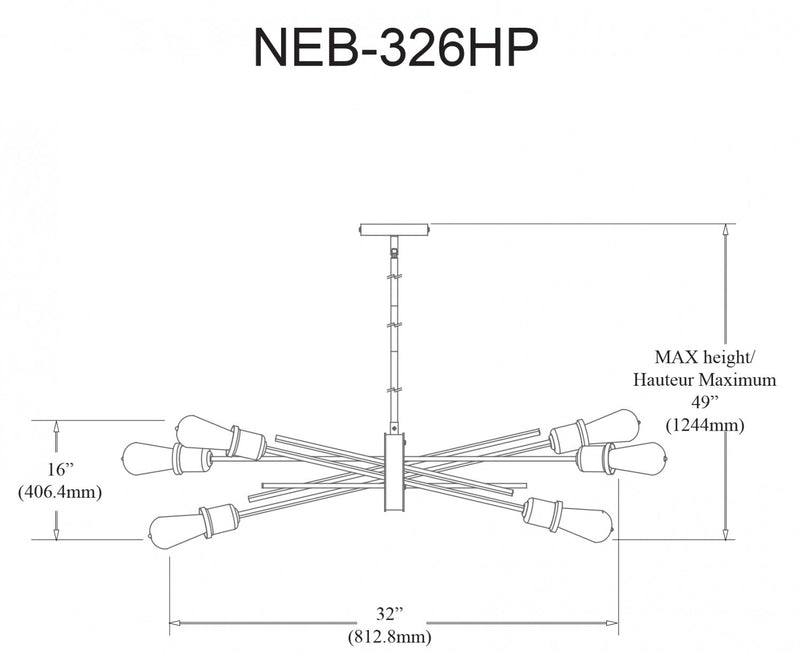 Luminaire suspendu horizontal Nebraska de Dainolite avec fini laiton vieilli et 6 ampoules