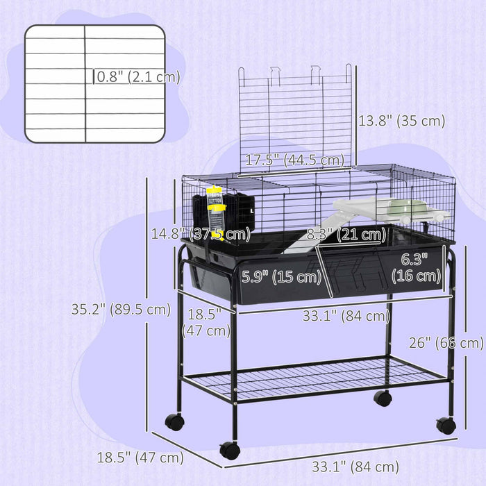 Pawhut Cage Pour Petits Animaux, Cage Roulante De 35 Po Avec Support Amovible, Distributeur D'eau, Plat De Nourriture, Rampe, Roues, Pour Lapin, Furet, Chinchilla, Gris Fonce