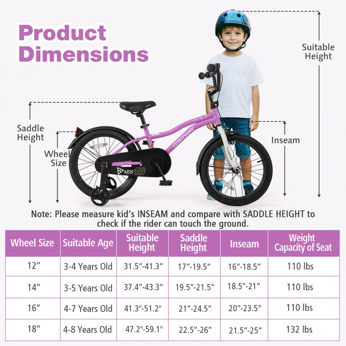 Costway 18\" Velo Pour Enfants Pour Garcons Et Filles De 4 A 8 Ans Avec Reflecteurs De Frein A Main Reglables Violet