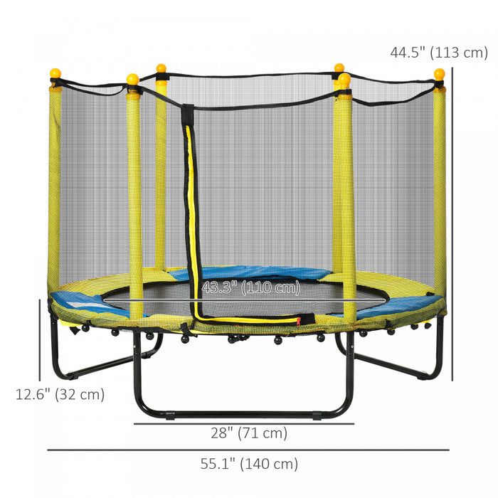 Qaba Trampoline pour enfants de 4,6 pi, trampoline exterieur interieur de 44,5\" de hauteur avec filet d'enceinte, mini trampoline pour garcons et filles, ages de 3 a 10 ans, jaune