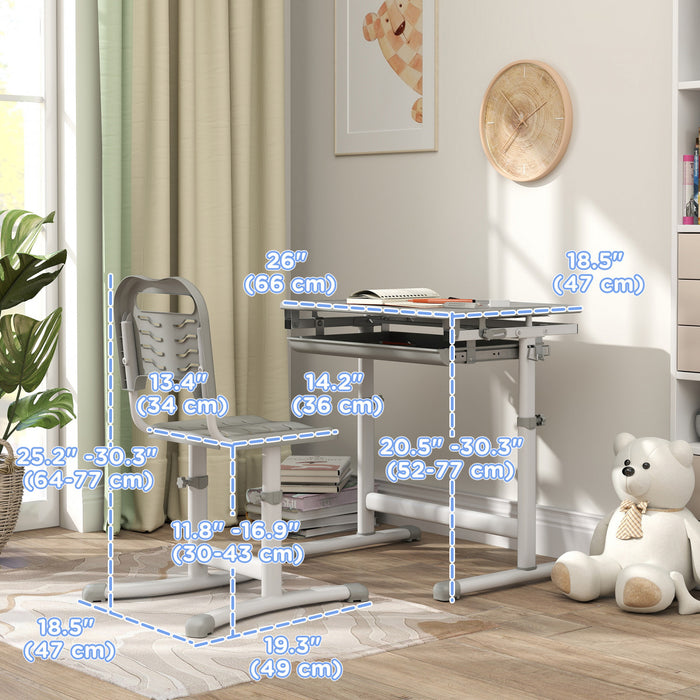 Qaba Ensemble Bureau Et Chaise Pour Enfants Reglable Bureau Inclinable Gris