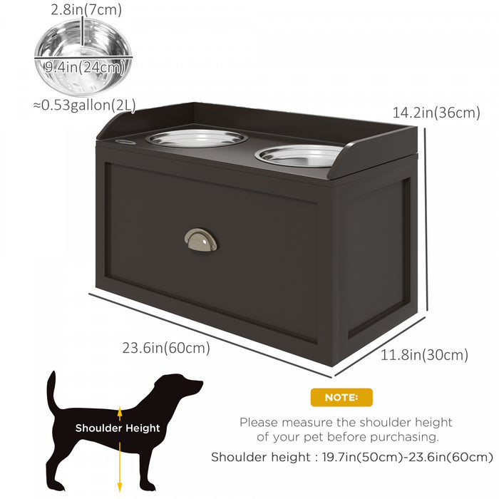 Pawhut Grandes Gamelles Surelevees Pour Chien Avec Tiroir De Rangement D'une Capacite De 21 L, Station D'alimentation Surelevee Pour Animaux De Compagnie Avec 2 Gamelles En Acier Inoxydable, Marron