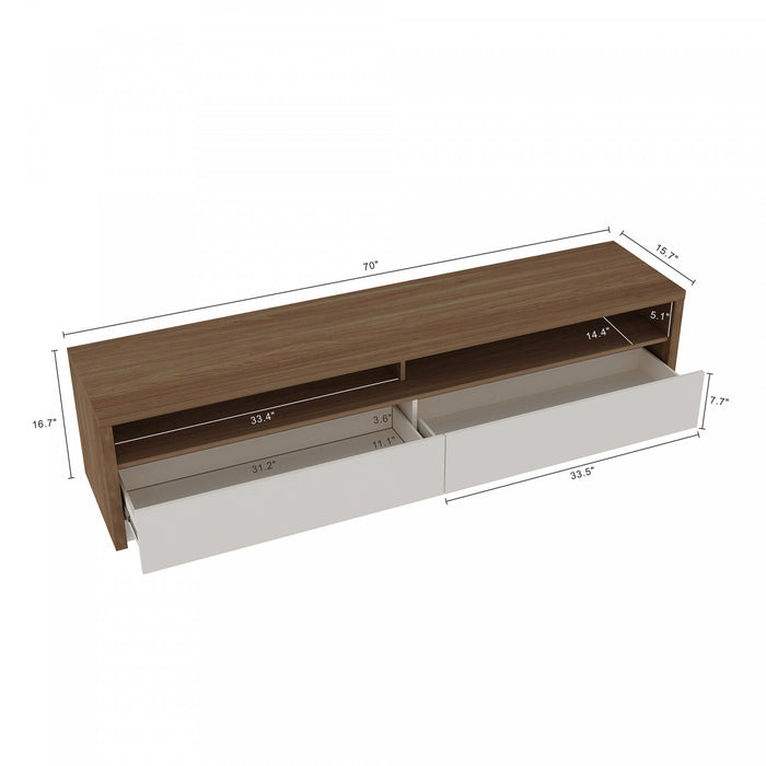 Meuble TV contemporain moderne Duncan 70\" en erable et blanc casse