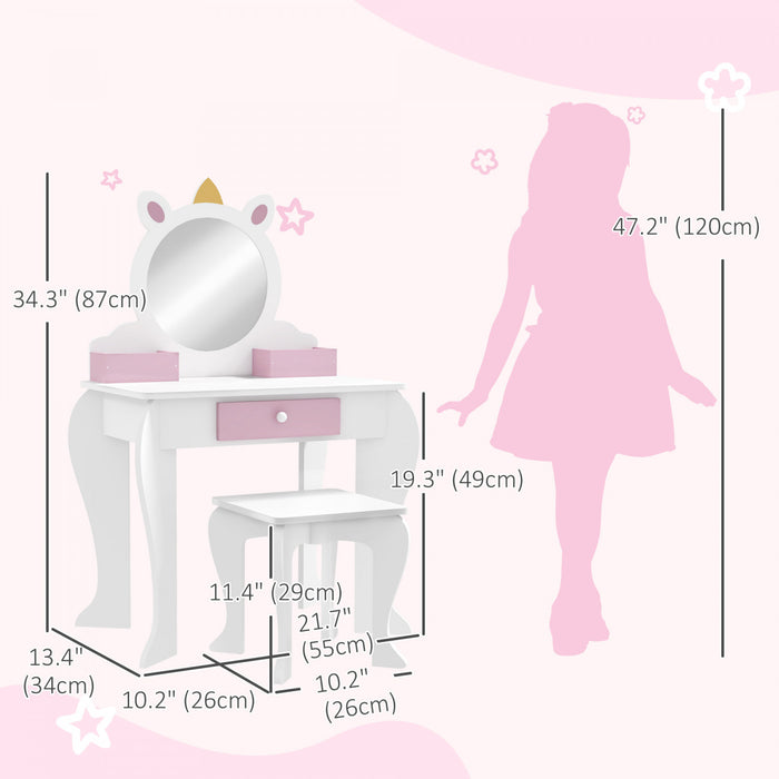Qaba Coiffeuse Pour Enfants Avec Miroir Et Tabouret, Coiffeuse Pour Filles Avec Tiroir, Boites De Rangement, Vanite De Maquillage Design Licorne, Pour 3-6 Ans, Blanc