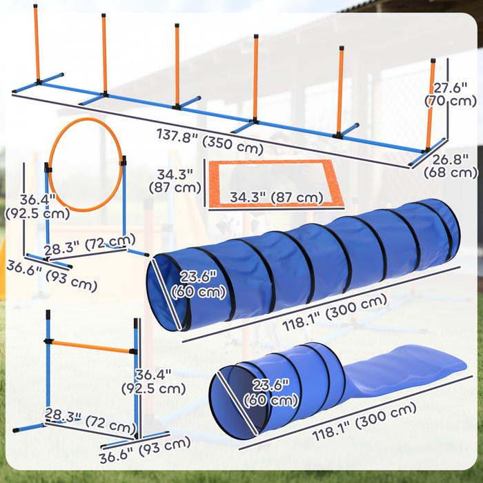 PawHut Ensemble d'Equipement d'Agilite pour Chiens 11 Pieces avec 2 Tunnels, Sauts et Anneau Reglables, Piquets de Slalom, Parcours d'Obstacles avec Sac de Transport