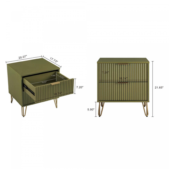 Table de nuit moderne Dumbo 20\" a cannelures en vert olive (2 tiroirs)