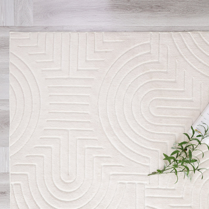Tapis Lavable A Poils Longs En Velours Creme A Motifs Circulaires 5'x7'