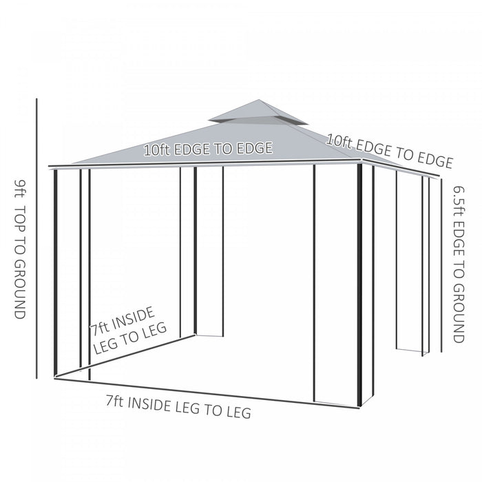 Outsunny 10' X 10' Abri De Jardin En Acier Pour L'exterieur Avec Rideaux En Maille Amovibles, Etageres De Presentation Et Cadre En Acier, Gris