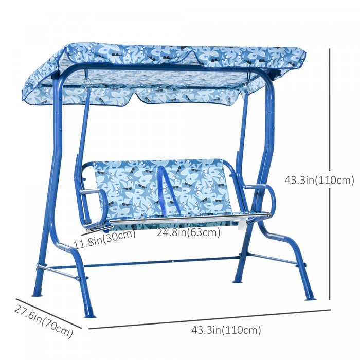 Outsunny Chaise Balancoire 2 Places Pour Enfants Avec Balancoire D'exterieur Pour Les Petits Enfants Avec Auvent Et Ceinture De Securite Pour Porche, Arriere-cour, Motif Requin 43,25\" X 27,5\" X 43,25\"