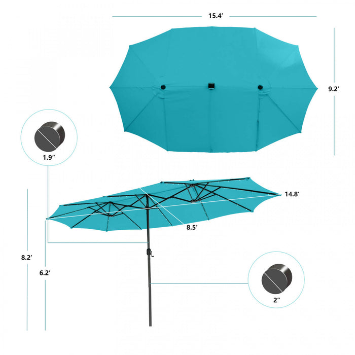 Costway Parasol double face jumeau de patio de 15 pieds avec 48 lumieres LED solaires et manivelle turquoise