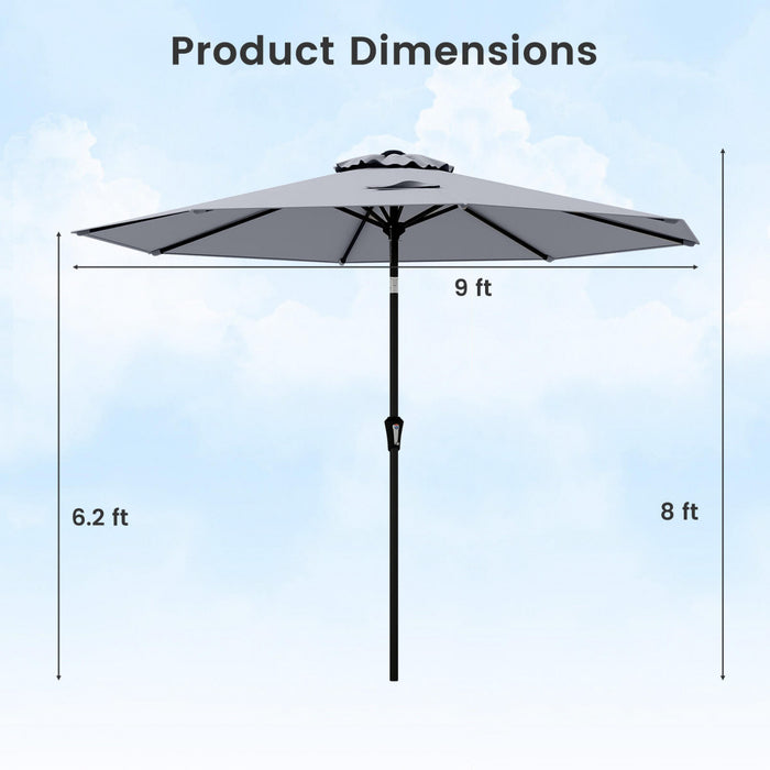 Costway Parasol de patio avec inclinaison a bouton-poussoir, manivelle, 8 nervures solides pour patio, jardin Gris