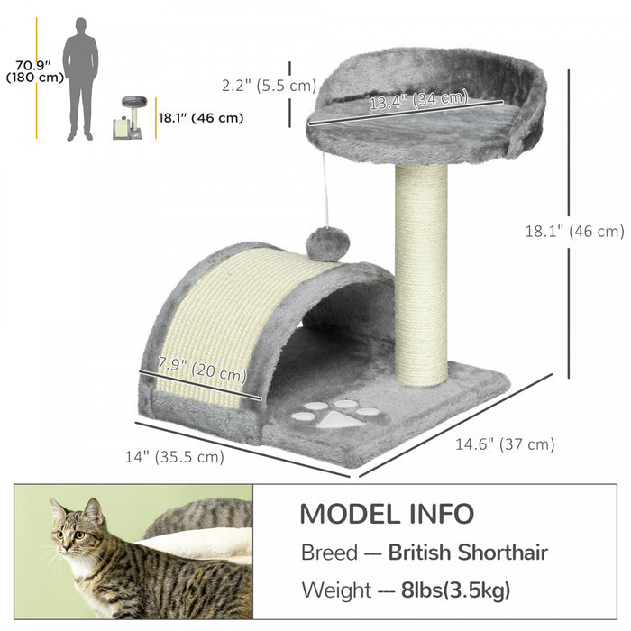 Pawhut Arbre A Gratter Pour Chat De 18\", Maison Pour Chaton, Centre D'activites Pour Animal Domestique, Meuble Avec Jouet A Suspendre (gris)