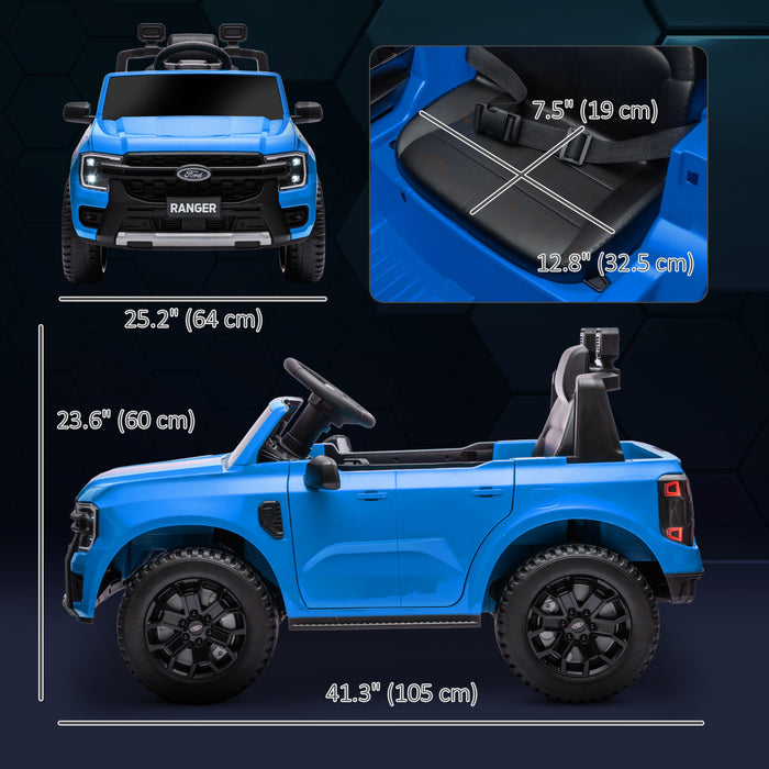 Qaba Ford Ranger 12v Avec Rangement Arriere, Voiture Electrique A Batterie Pour Enfants Avec Telecommande, Suspension A Ressort, Phares, Klaxon, Bleu