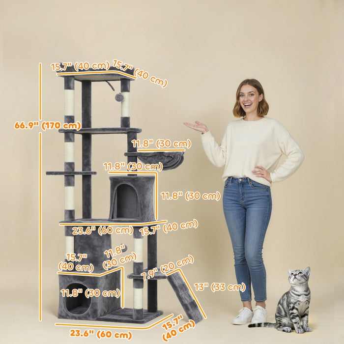 Grand Arbre a Chat de 170 cm avec 7 Poteaux a Gratter, Gris Fonce