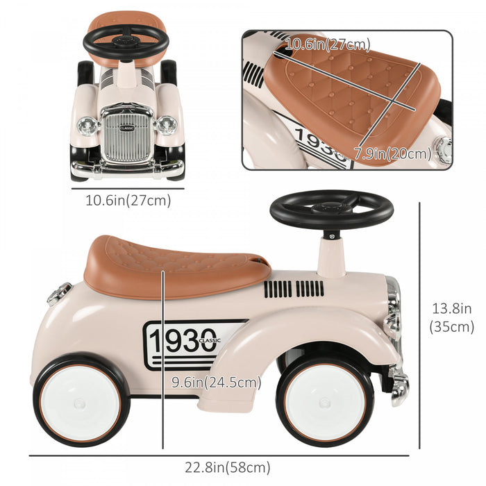 Aosom Voiture Coulissante Pour Enfants Avec Rangement Sous Le Siege, Curseur Du Pied Au Sol Avec Volant Et Klaxon, Voiture Vintage Pour Les Tout-petits, Ages De 12 A 36 Mois, Blanc Creme