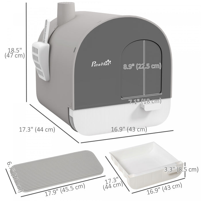 Pawhut Bac A Litiere Pour Chat Avec Couvercle, Bac A Litiere Ferme Pour Chat Avec Plateau Amovible, Pelle, Filtre, Gris Clair