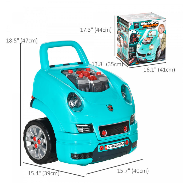 Qaba Ensemble De Jouets De Moteur De Camion Pour Enfants, Mecanicien, Atelier De Jeu De Demontage De Moteur, Comprend 61 Pieces, Volant, Klaxon, Lumiere Pour 3 A 5 Ans, Bleu Sarcelle