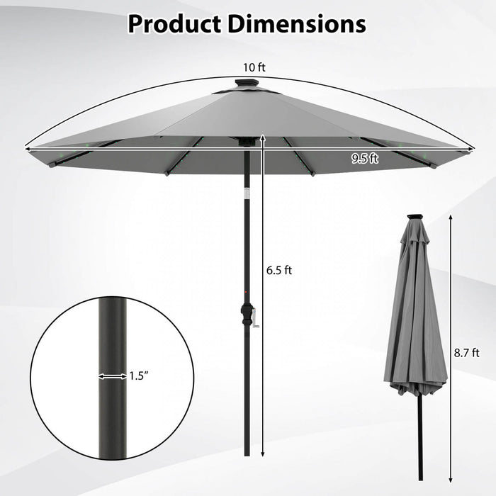 Parasol solaire Costway 10 FT avec 96 LED, inclinaison reglable a 35°, haut ventile, gris