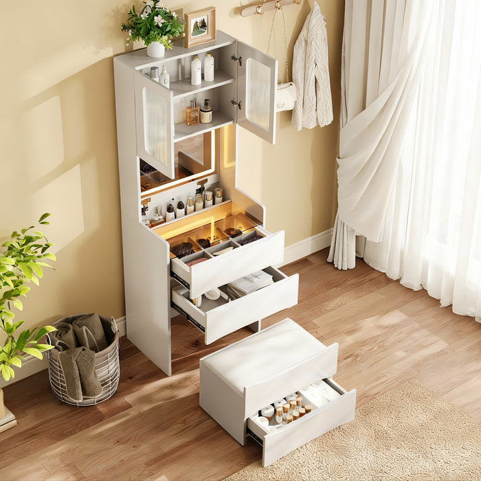 Emily Ensemble de coiffeuse 3-en-1 avec miroir LED et rangement, Blanc