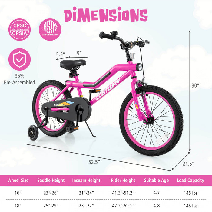 Costway 18\" Led Eclaire Velo Pour Enfants Avec Siege Reglable Coaster Frein Roues D'entrainement Rose