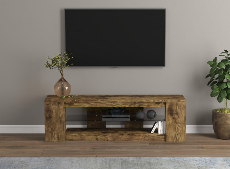 Meuble pour téléviseur de 55 po avec 2 tablettes et verre trempé - bois recyclé brun