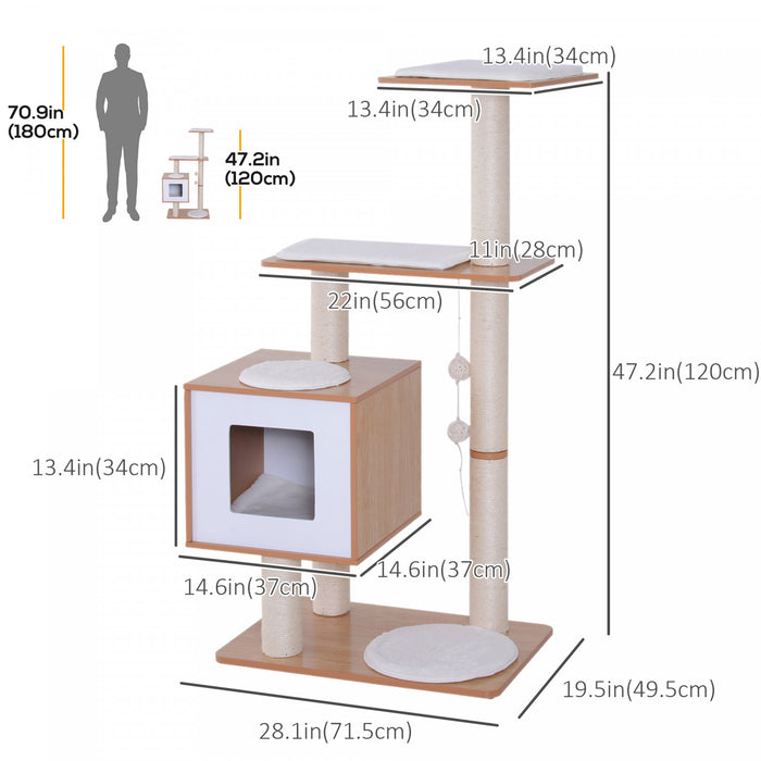 Pawhut Arbre A Chats Design Contemporain Griffoirs Grattoirs Sisal Naturel Centre D\u0092activites Niche Plate-formes Jeu Boules Suspendues 66l X 47l X 120h Cm Mdf Hetre Clair