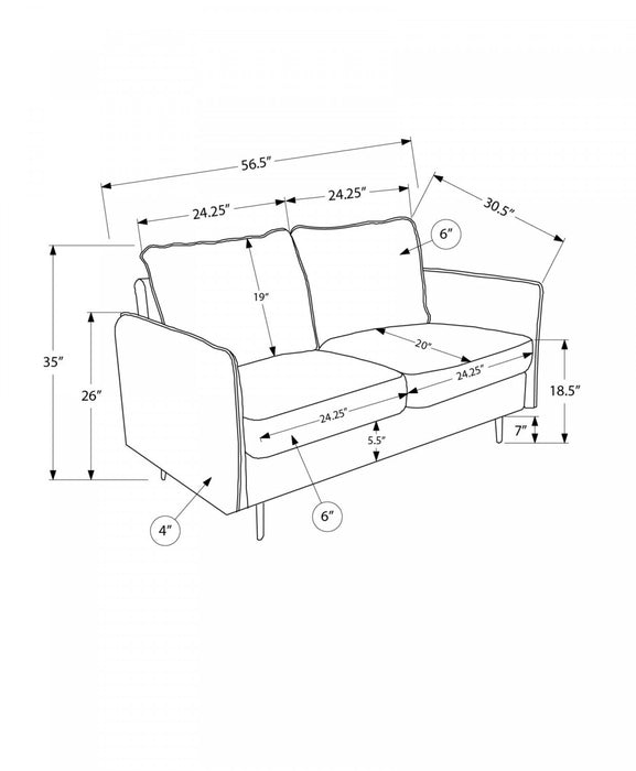 Causeuse Rembourre, 58\" L, Tissu Gris Fonce, Pieds En Metal Noir