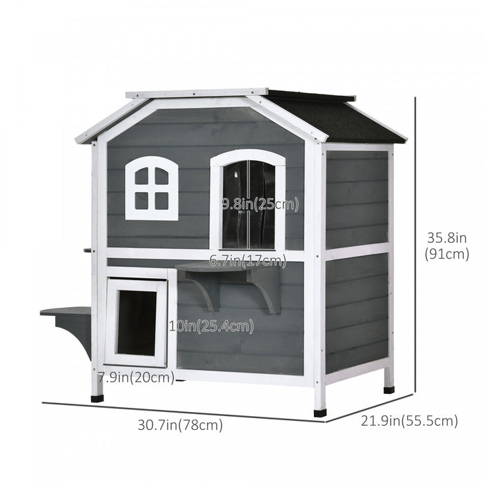 Maison Pour Chat En Bois Massif Pawhut A 2 Etages, Avec Espace Salon Interieur, Interieur/exterieur Et Entrees Amusantes, Catio, Gris