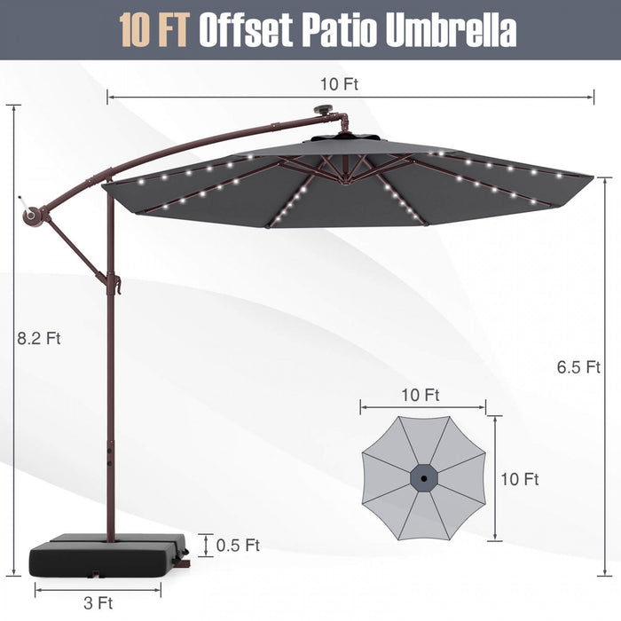 Parasol deporte suspendu Costway 10 pieds avec 32 LED, sac de sable, base croisee exterieure gris fonce