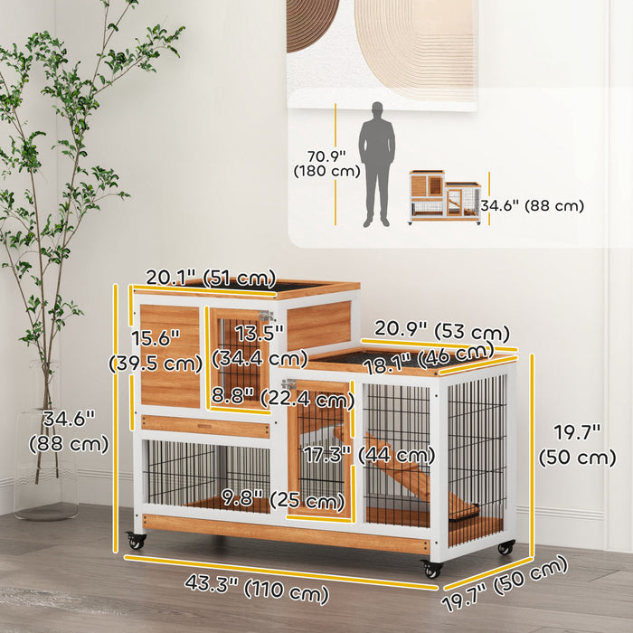 Clapier D'interieur Pawhut Pour Lapins, Cage Pour Cochons D'inde Sur Roues Avec Enclos Et Plateaux Coulissants, Jaune