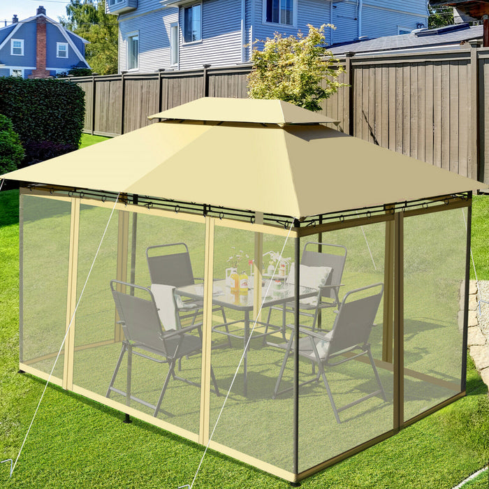 2-tier 10’x13’ Acier Gazebo Canopy Tente Abri Patio Jardin Filet Exterieur Beige