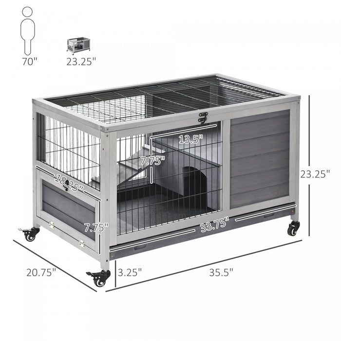 Pawhut Huche D'interieur En Bois Pour Lapin Avec Cage Surelevee Avec Enclos Ferme Avec Roues, Ideal Pour Les Lapins Et Les Cochons D'inde
