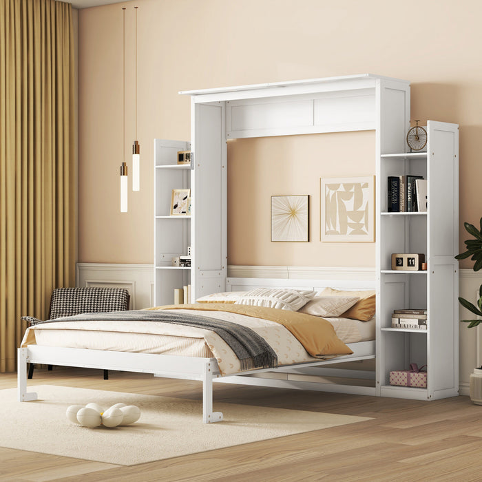 Aiden Lit escamotable Murphy avec etageres et eclairage LED, taille Queen, blanc